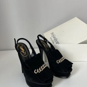 Yves Saint Laurent Black Suede Heels with Chain Accent size 37